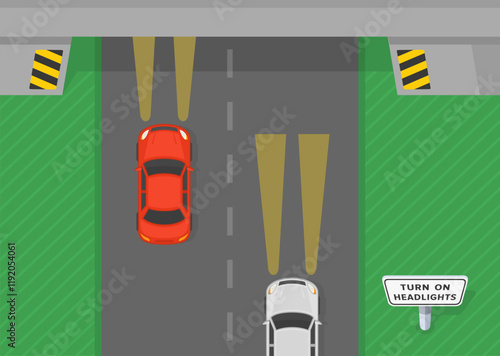 Driving tips and traffic regulation rules. Top view of a traffic flow entering the tunnel. Turn on headlights sign installed in front of the entrance. Flat vector illustration.