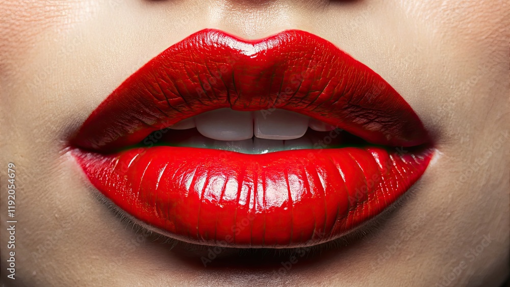 Obraz premium Close-up, macro photography of red lips; showcasing matte and glossy lipstick textures. Bold beauty and fashion artistry.