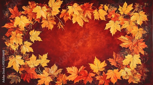 Autumn leaves border with vibrant colors on a textured background. photo