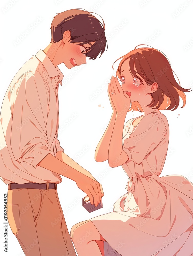  a man kneeling down with a ring box, presenting it to a woman sitting beside him, who is covering her mouth in surprise. 