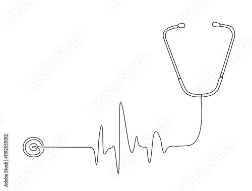 Continuous one line drawing of stethoscope - medical equipment. stethoscope with heart beat wave in single line draw illustration. Editable stroke.