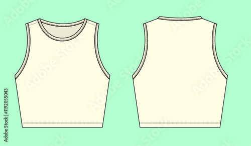 Ladies crop tank top blouse flat sketch, CAD, Sketch Outline, Fashion illustration, Mockup, Template,.