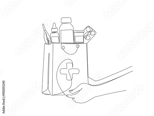 Continuous one line drawing of medicine, tablet, pill on  pharmacy paperbag. hand holding medical shopping bag in single line draw illustration. Editable stroke.