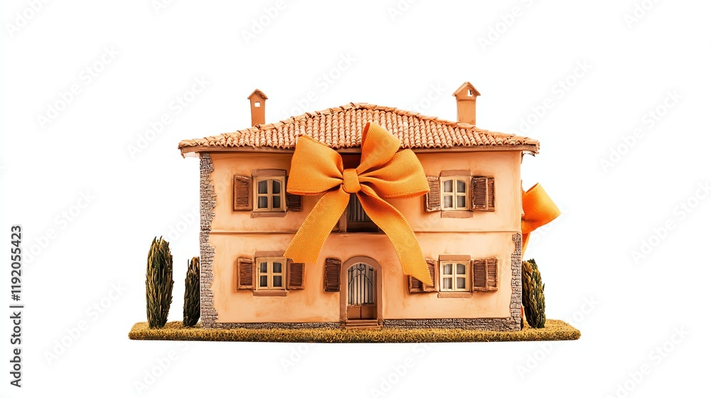 A charming house model adorned with a large orange bow, white isolate background. A charming house model adorned with a large orange bow, white isolate background.