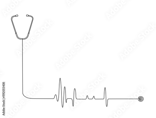 Continuous one line drawing of stethoscope - medical equipment. stethoscope with heart beat wave in single line draw illustration. Editable stroke.
