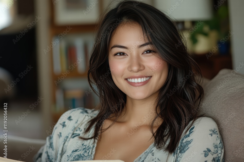 Smiling Asian woman with natural makeup, sitting on a cozy couch with a book in hand, enjoying her day indoors. Smiling Asian woman with natural makeup, sitting on a cozy couch with a book in hand, enjoying her day indoors.