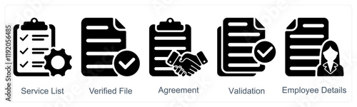 A set of 5 business icons as service list, verified file, agreement