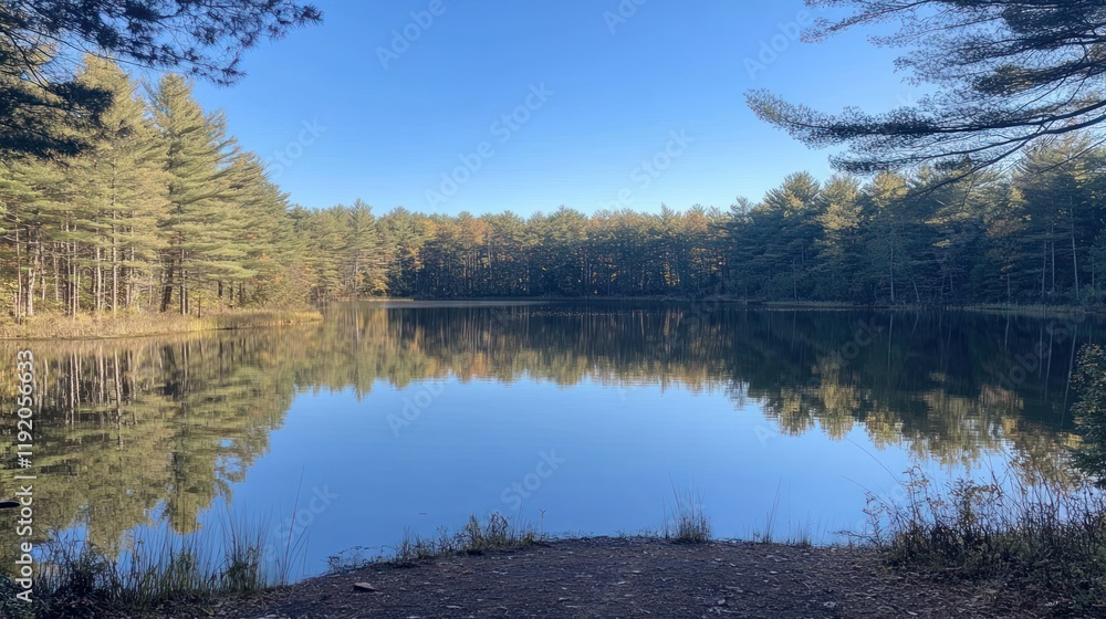 Tranquil lake surrounded by lush forest reflecting on the water surface under blue sky Tranquil lake surrounded by lush forest reflecting on the water surface under blue sky