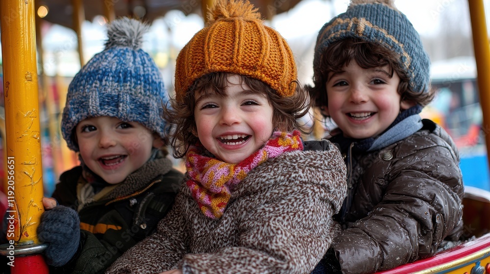 Children laughing on merry-go-round amusement park photography joyful atmosphere close-up view whimsical childhood fun Children laughing on merry-go-round amusement park photography joyful atmosphere close-up view whimsical childhood fun