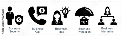 A set of 5 business icons as business security, business call, business idea