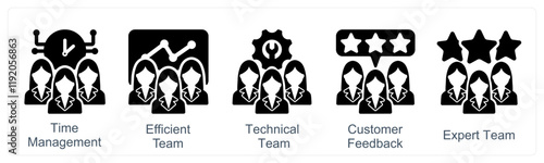 A set of 5 business icons as time management, efficient team, technical team