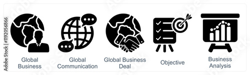 A set of 5 business icons as global business, global communication, business deal