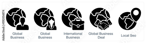 A set of 5 business icons as global business, international business, business deal
