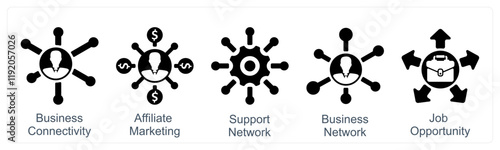 A set of 5 business icons as business connectivity, affiliate marketing, support network