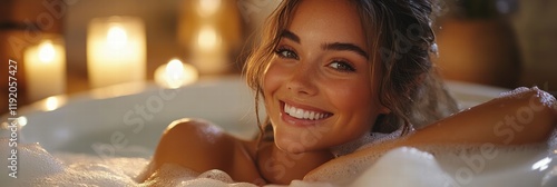 Smiling woman with natural makeup, relaxing in a bubble bath, surrounded by candles and soft lighting for a tranquil vibe. photo