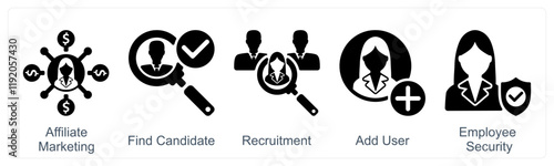 A set of 5 business icons as affiliate marketing, find candidate, recruitment