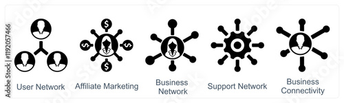 A set of 5 business icons as user network, affiliate marketing, business network