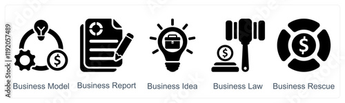 A set of 5 business icons as business model, business report, business idea