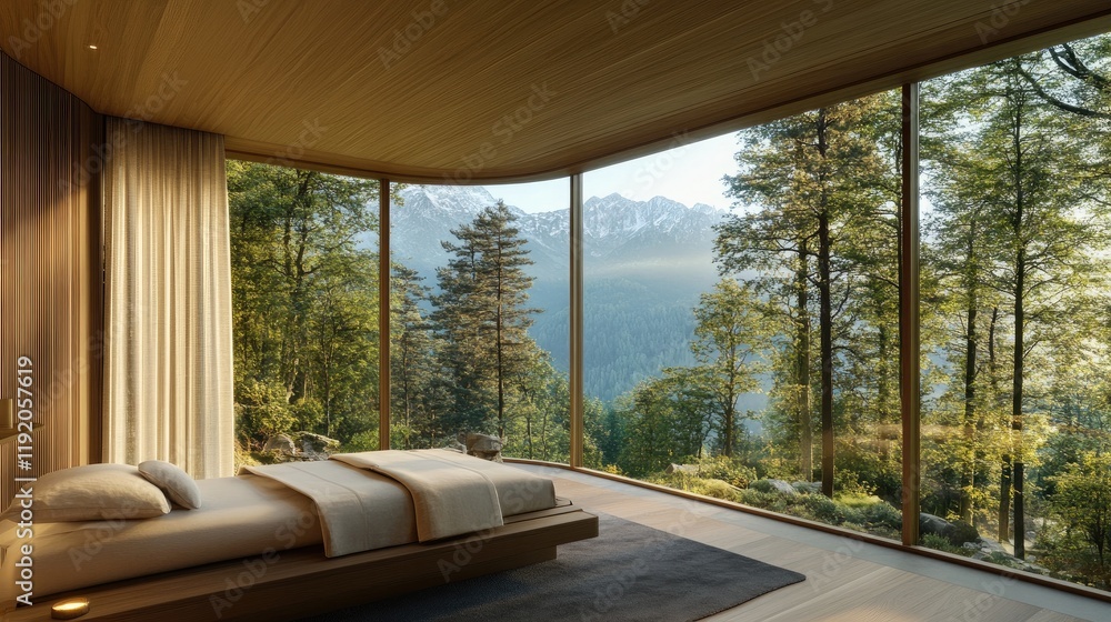 Fototapeta premium A massage bed in a modern wellness suite with floor-to-ceiling windows and a nature view.