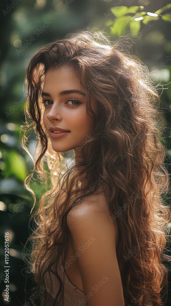 Smiling woman with soft curls, standing in a serene garden with greenery and soft sunlight surrounding her. Smiling woman with soft curls, standing in a serene garden with greenery and soft sunlight surrounding her.