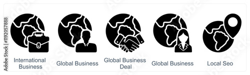 A set of 5 business icons as international business, global business, business deal