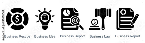 A set of 5 business icons as business rescue, business idea, business report