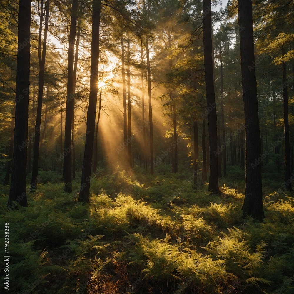 Fototapeta premium A serene forest clearing bathed in golden sunlight.