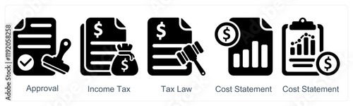 A set of 5 business icons as approval, income tax, tax law
