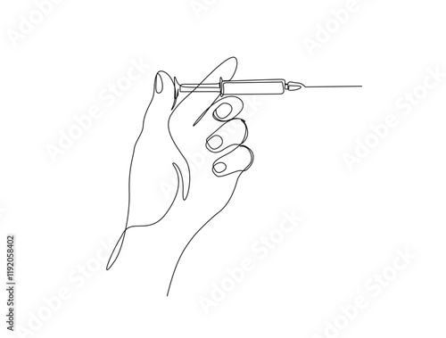 Continuous one line drawing of hand holds syringe. Syringe in single line draw illustration. Editable stroke.