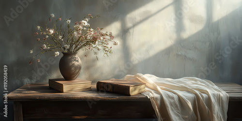 A serene still life with flowers, books, and soft drapery. photo