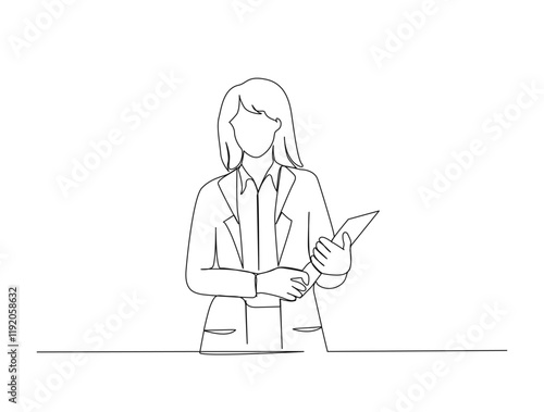 Continuous one line drawing of female doctor holding patient document. Doctor with uniform in single line draw illustration. Editable stroke.