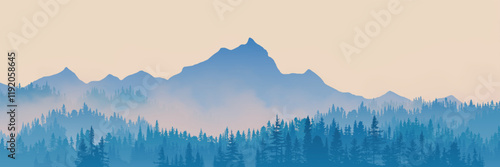 Vector illustration of mountains, mountain peak and forest in the morning fog, panoramic view	