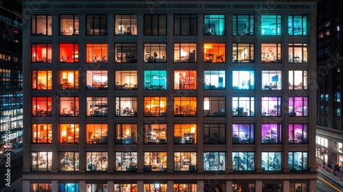 A nighttime cityscape with brightly lit windows and neon streetlights.