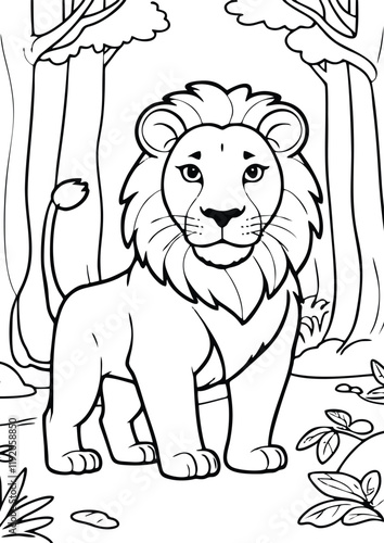 simple black lineart illustration of a lion in the forest, coloring page animal ready for print