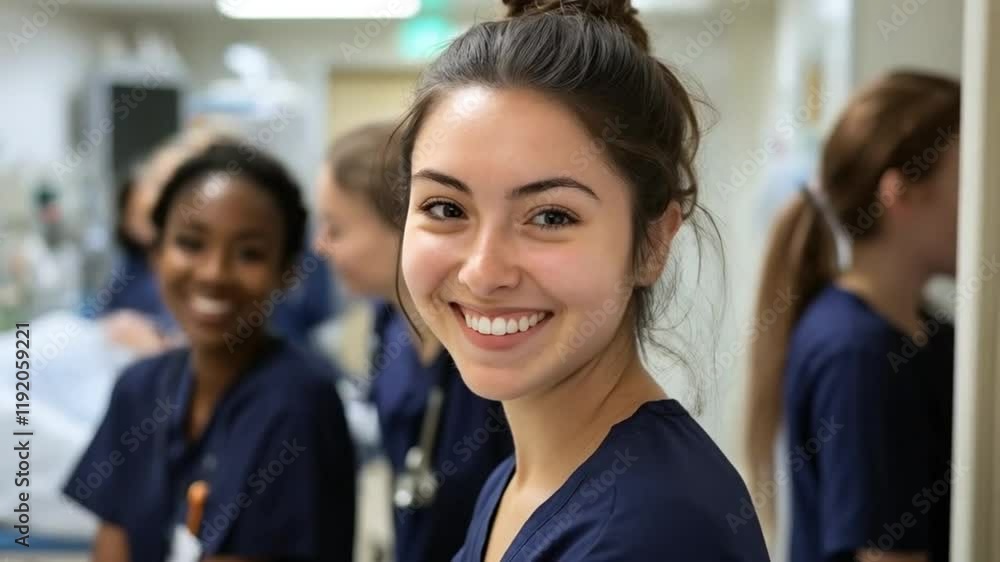 Scene of young nurse smiling looking at camera, seamless looping motion for background video animation. Scene of young nurse smiling looking at camera, seamless looping motion for background video animation.