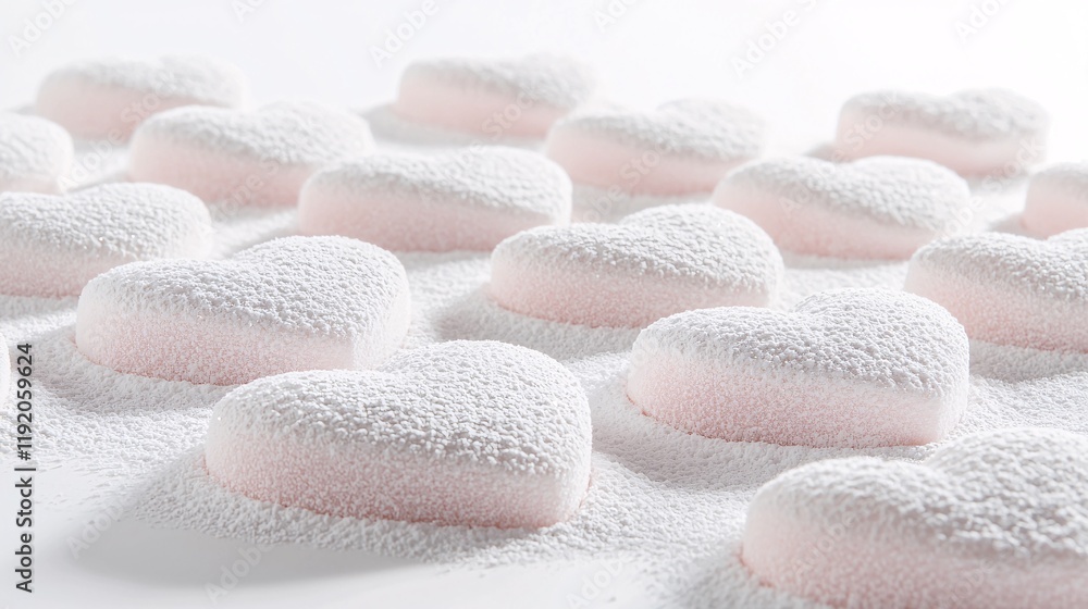 A close-up of soft pink hearts scattered on a white background with elegant shadows, perfect for Valentine's Day themes A close-up of soft pink hearts scattered on a white background with elegant shadows, perfect for Valentine's Day themes