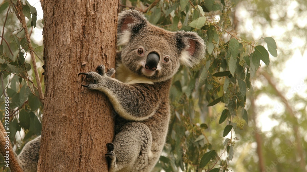 Fototapeta premium Koala Bear Climbing a Eucalyptus Tree in Natural Wildlife Environment
