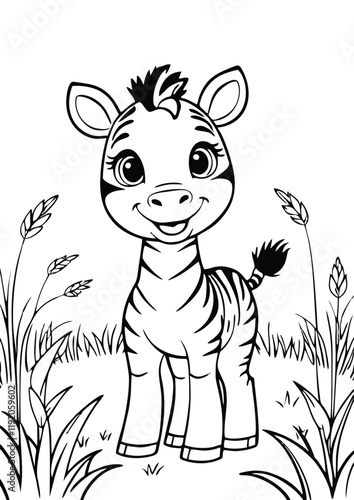 simple black lineart illustration of A baby zebra standing in a field with tall grass and a big smile, coloring page animal ready for print