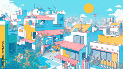 大きな太陽と都市の風景イラスト。レトロポップな配色をイメージして作成された。アジアや日本の都会。懐かしい、ノスタルジーを感じる景色。