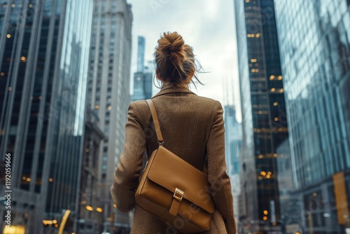 Successful businesswoman with a stylish briefcase, walking through an urban area with skyscrapers and busy streets in the background. photo