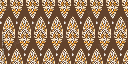 Seamless African pattern with leaf shield. Savanna tribal vector ornament. Hand drawn weave ethnic carpet. Modern geo print on textile. Ancient rug design for bohemian interior