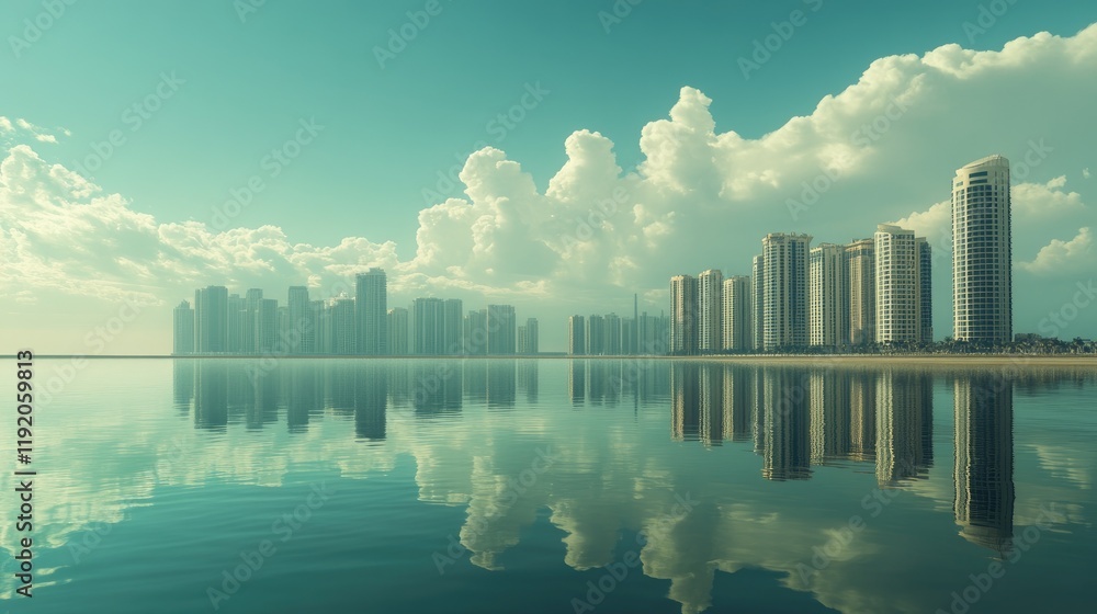 Fototapeta premium A reflection of a city skyline in calm water with symmetrical balance.