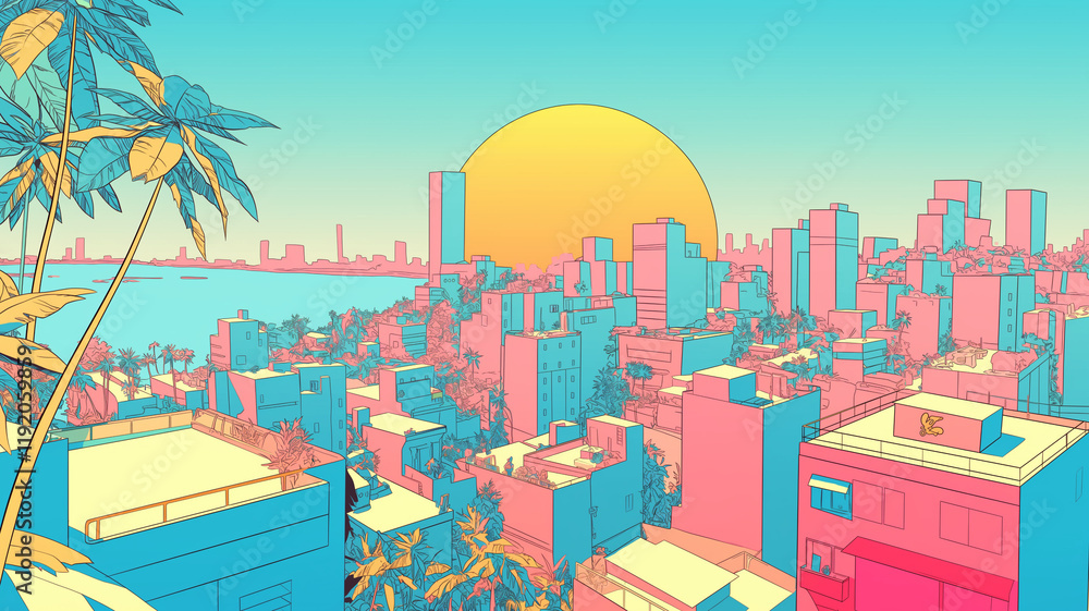Obraz premium 夕日と都市のアニメのような風景イラスト。レトロポップな配色をイメージして作成された。アジアや日本の都会。懐かしい、ノスタルジーを感じる景色。