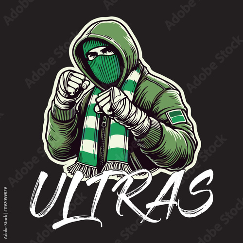 illustration vector graphic of Green Brigade Football fans ultras hooligan wear green jacket with green white scarf design for logo, t-shirt, etc
