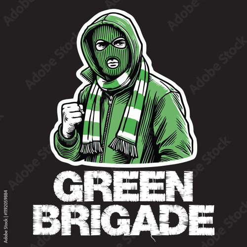 illustration vector graphic of Green Brigade Football fans ultras hooligan wear green jacket with green white scarf design for logo, t-shirt, etc
