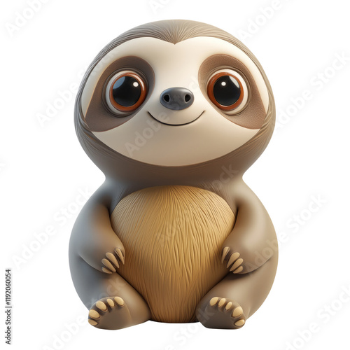 Cute Cartoon Sloth Character Isolated on Transparent Background with Big Eyes and Friendly Expression