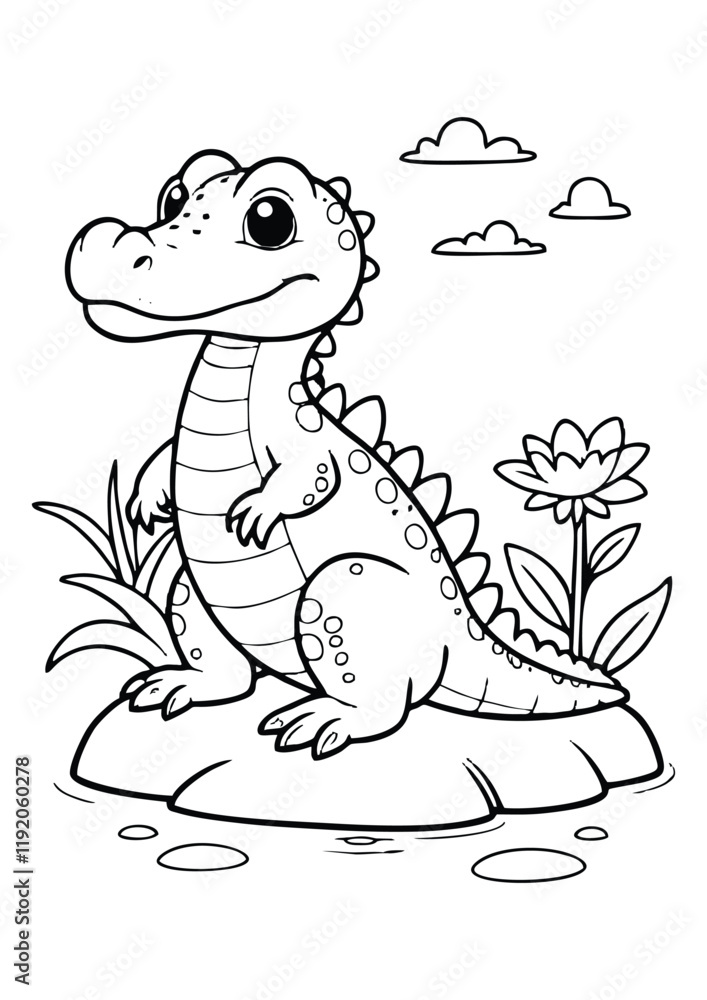 simple black lineart illustration of A baby crocodile sitting by a riverbank, coloring page animal ready for print simple black lineart illustration of A baby crocodile sitting by a riverbank, coloring page animal ready for print
