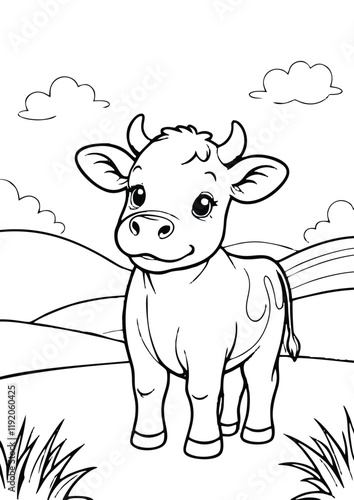 simple black lineart illustration of A little cow standing in a field, coloring page animal ready for print photo