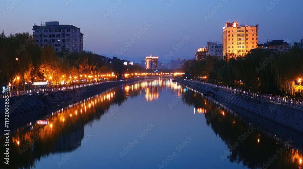 Fototapeta premium A serene city view with a riverfront reflecting the lights of urban buildings.