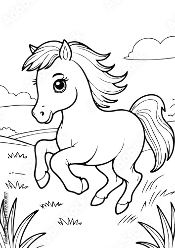 simple black lineart illustration of A small horse with a flowing mane, running in a grassy field, coloring page animal ready for print